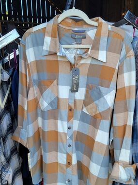 New With Tags NaturalsPlaid Button-Up Shirt in Tan & Light Blue So Soft!